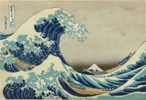 A blue wave in the ukiyo-e style of printmaking