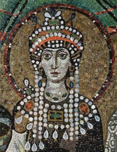 Mosaic tile portrait of a woman wearing a Byzantine headdress, decorated with peals. 