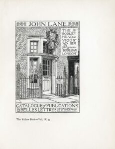 Pen-and-ink illustration of the front facade of The Bodley Head's publishing office in London, England.