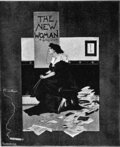 A black and white poster of a woman sitting on a stool while papers are scattered around the floor and a poster with New Woman is above her.