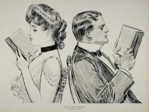 Illustration of a male and female with their backs to each other, sitting on chairs and reading.