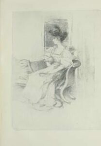 Grey sketch on paper of woman sitting on a hair, looking to her right side.
