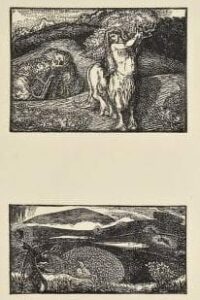 Two lithographs. Top lithograph shows a centaur with long hair in front of a hill. Bottom shows a hilly landscape with black rabbit in the foreground.