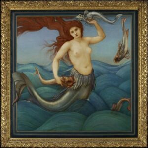 The almost square oil painting is enclosed within a gold ornate frame. The image shows an open sea, with a silver-tailed mermaid holding a fish in each hand floating on turquoise waves, her long red hair blowing out behind her.