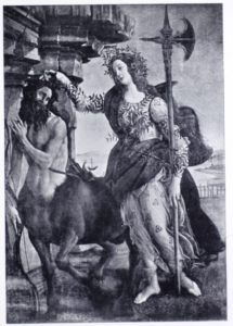 A black and white print of a tender-faced woman standing in adorned robes and holding a halberd at her side as she strokes a sorrowful-looking centaur amid the ruins of marble columns, a body of water in the background.