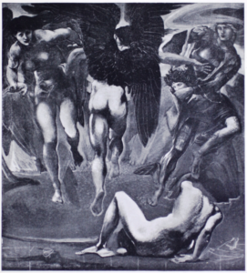 Perseus leaps away from the body of Medusa holding her head, which has become quite detached! A black and white reproduction of Sir Edward Burne Jones, The Death of Medusa II.