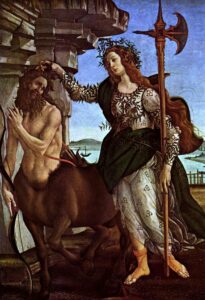 A colourful tempera on canvas image of a tender-faced woman standing in adorned robes and holding a halberd at her side as she strokes a sorrowful-looking centaur amid the ruins of marble columns, a body of water in the background.