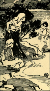 Art Peice dwon in black ink of 2 woman by the river. A third one sits in the background naked and bathing. The 2 woman watch this figure.