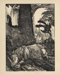 A wood engraving of a fallen and armoured rhinoceros surrounded by flames.