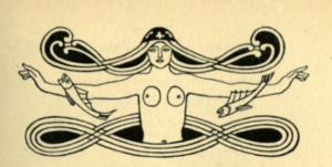 Black ink depiction of a bare breasted woman surrounded by swirls and two fish.