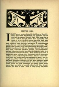 First page of the short story "Cobweb Hall", with the drawn headpiece of a bat with stars around it and then the title below it.