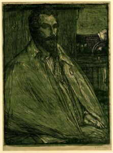 An illustration of a man in a cloak, sitting down, looking to right of him, with his hands folded on the table in front of him