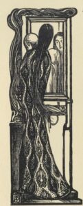 An illustration of a tall figure looking in the mirror, holding a round shape that resembles a head